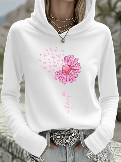 Top con capucha de apoyo de concientización sobre el cáncer de mama de girasol rosa de cinta para mujer