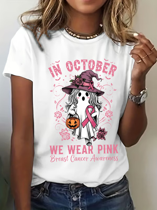 Concientización sobre el cáncer de mama para mujer en octubre Usamos camiseta casual con estampado rosa