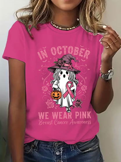Concientización sobre el cáncer de mama para mujer en octubre Usamos camiseta casual con estampado rosa