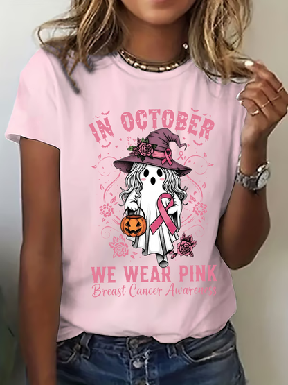 Concientización sobre el cáncer de mama para mujer en octubre Usamos camiseta casual con estampado rosa