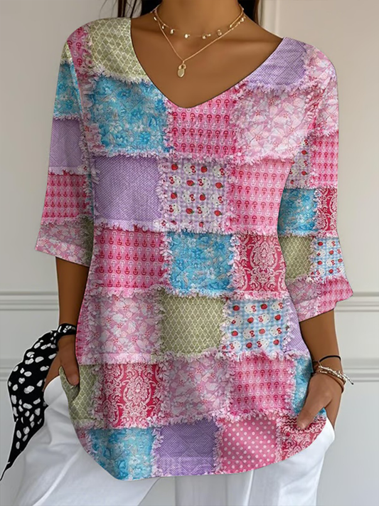 Camiseta casual con estampado de patchwork rosa para mujer