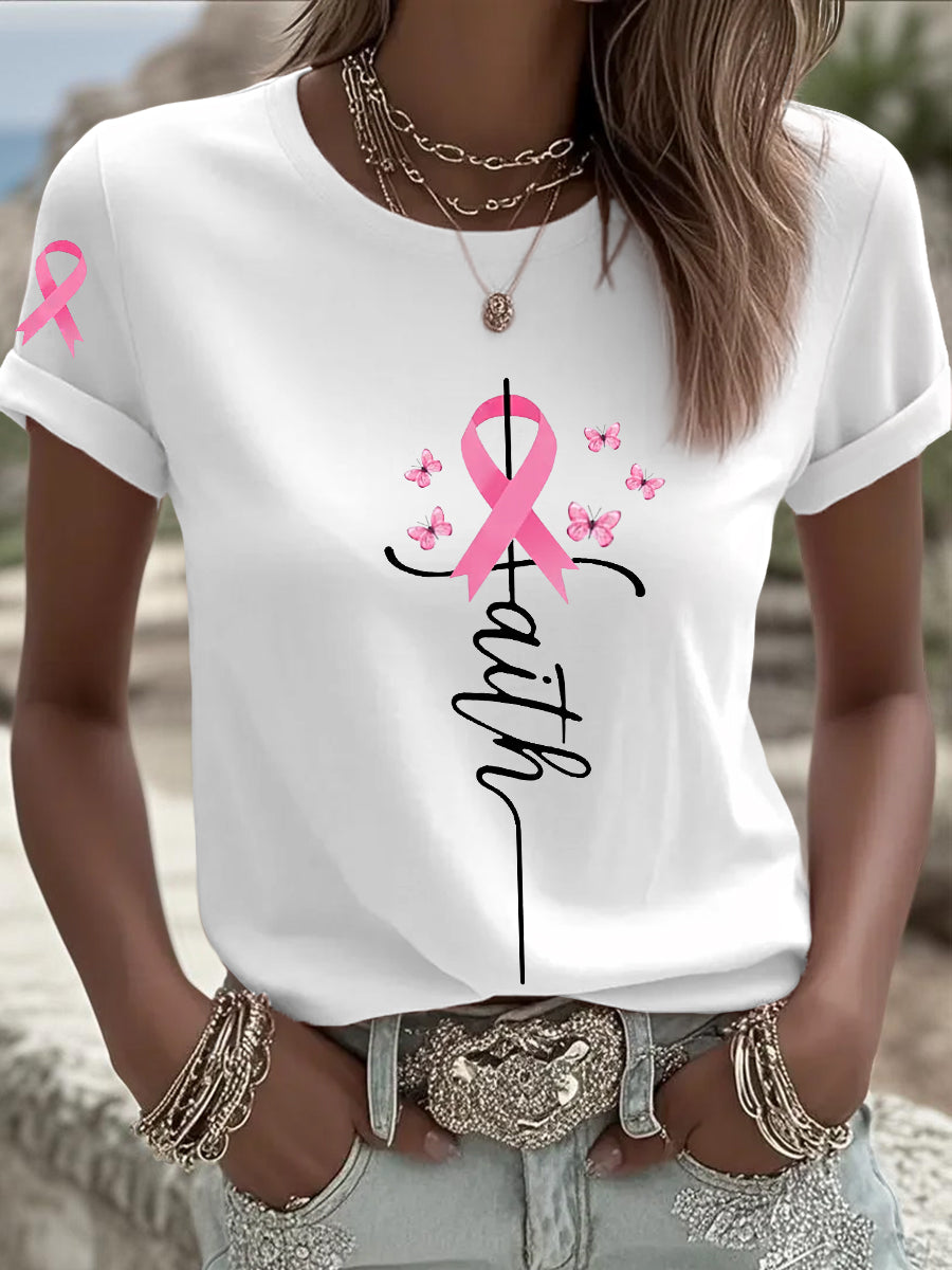Camiseta de manga corta de mujer Conciencia del cáncer de mama Pink Ribbon Faith