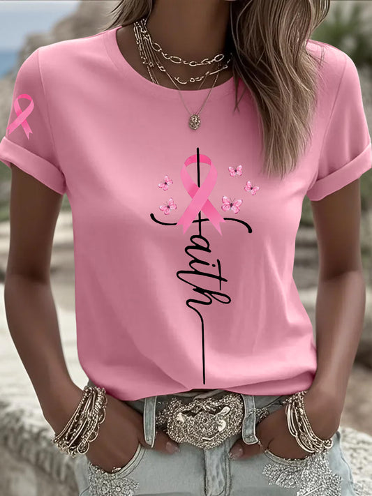 Camiseta de manga corta de mujer Conciencia del cáncer de mama Pink Ribbon Faith