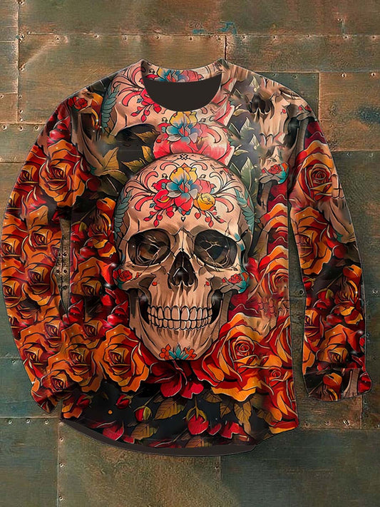 Retro Punk Halloween Día de los Muertos Azúcar Cráneo Resumen Imprimir Casual Algodón Camiseta de manga larga