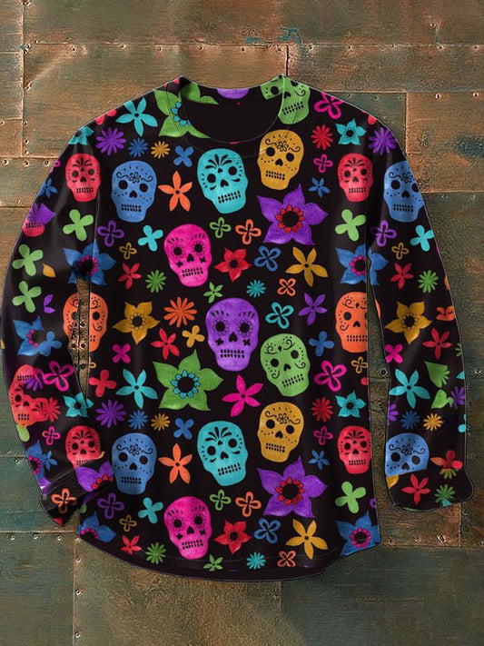 Retro Punk Halloween Día de los Muertos Azúcar Cráneo Resumen Imprimir Casual Algodón Camiseta de manga larga