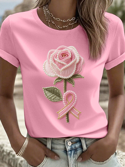 Camiseta con estampado floral y cinta rosa para mujer