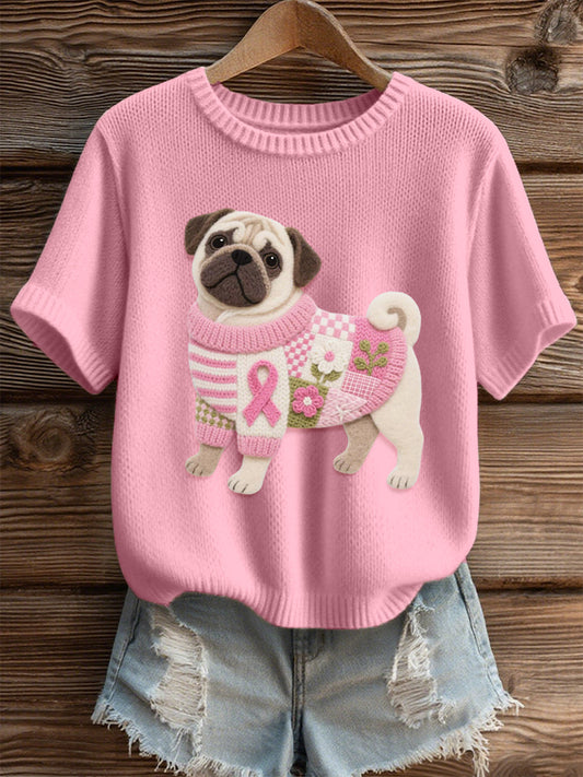 Mujer Lovely Pug Felt Art Cozy Knit Top