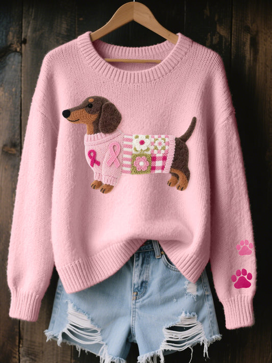 De las mujeres de fieltro de lana arte Dachshund patrón acogedor suéter de punto