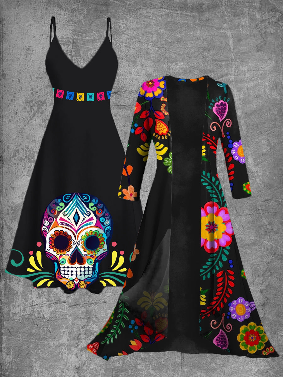 Vestido midi de dos piezas vintage con estampado de arte floral mexicano