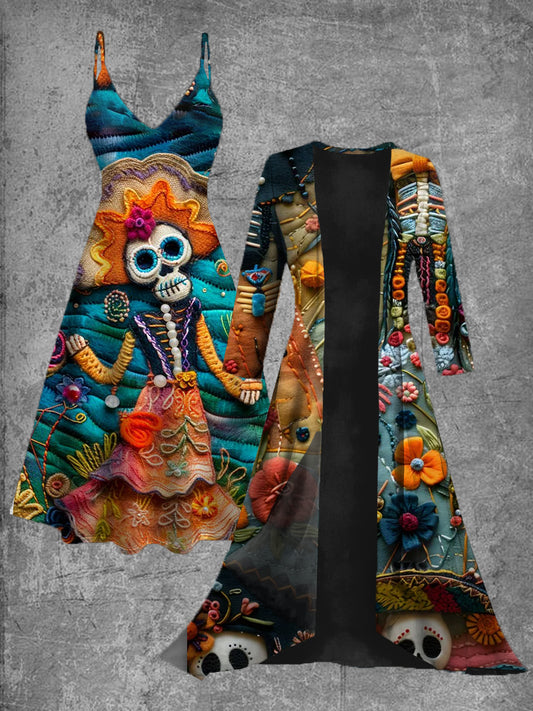 Vestido midi de dos piezas vintage con estampado de arte floral mexicano