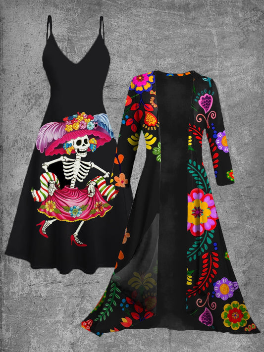 Vestido midi de dos piezas vintage con estampado de arte floral mexicano