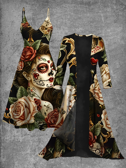 Vestido midi de dos piezas vintage con estampado de arte floral mexicano