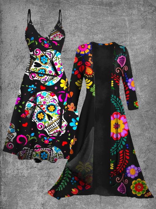 Vestido midi de dos piezas vintage con estampado de arte floral mexicano