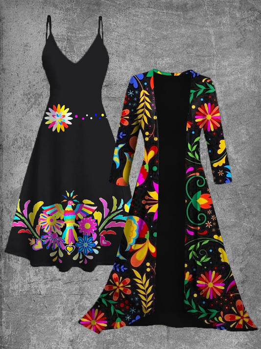 Vestido midi de dos piezas vintage con estampado de arte floral mexicano