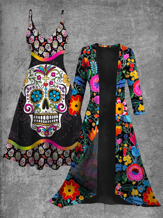 Vestido midi de dos piezas vintage con estampado de arte floral mexicano
