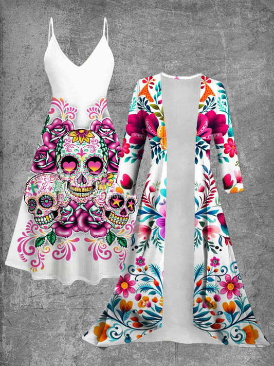 Vestido midi de dos piezas vintage con estampado de arte floral mexicano
