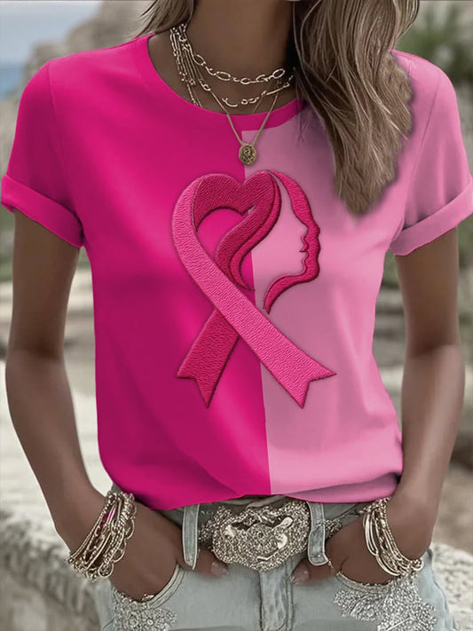 Camiseta de manga corta de color contraste de cinta de amor de cáncer de mama casual para mujer