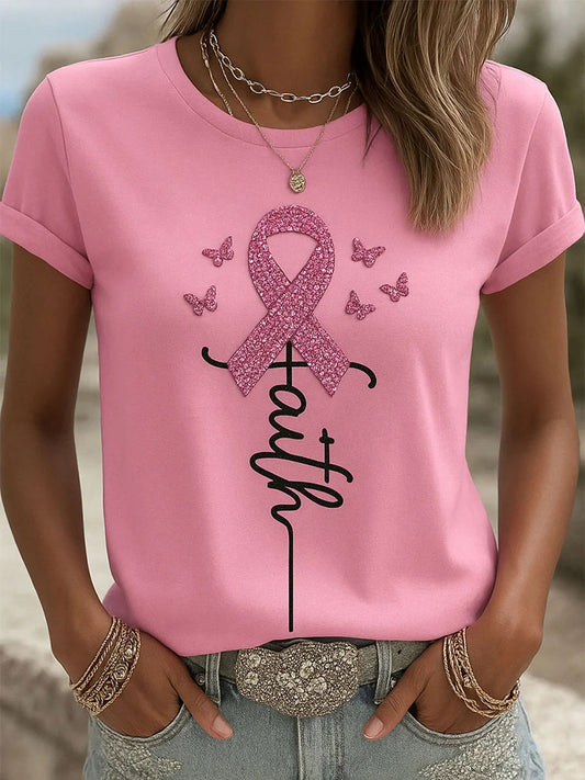 Camiseta casual con estampado de cinta rosa para mujer