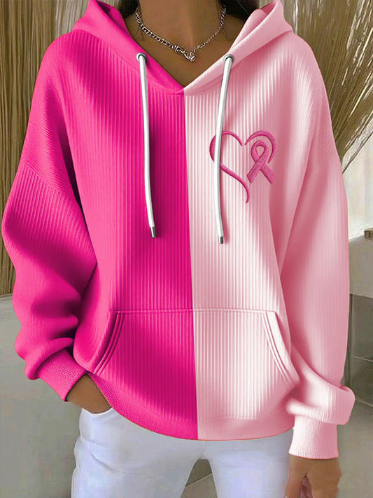 Mujer Pink Ribbon Print Casual Hoodie