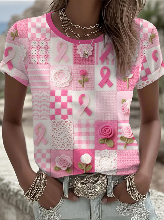 Camiseta casual con estampado floral rosa para mujer