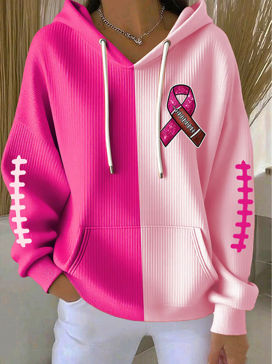 Mujer Conciencia del cáncer de mama Rugby Pink Ribbon Print Casual Hoodie