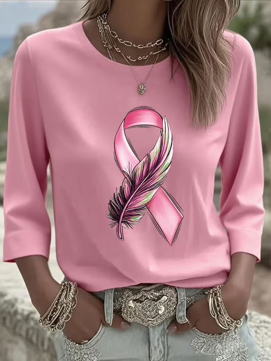 Camiseta de manga larga impresa cinta rosada de la conciencia del cáncer de pecho de las mujeres