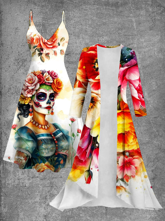 Vestido midi de dos piezas vintage con estampado de arte floral mexicano