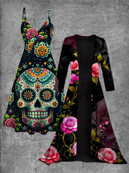 Vestido midi de dos piezas vintage con estampado de arte floral mexicano