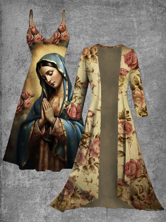 Vestido midi de dos piezas con estampado de arte vintage Virgen María