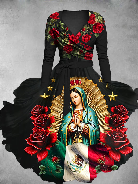 Vintage Virgen María Imprimir V-cuello elegante Midi vestido de manga larga de dos piezas
