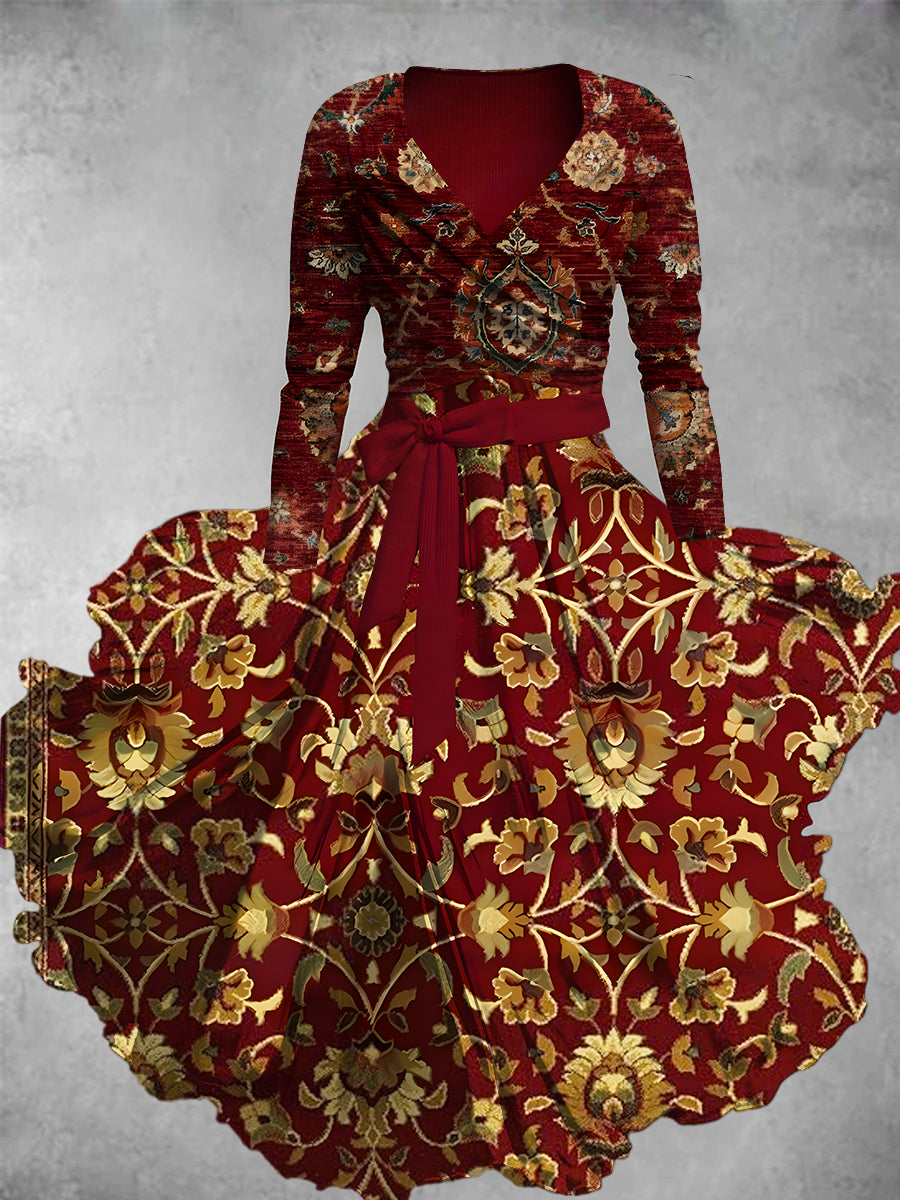 Vintage estampado floral con cuello en V elegante vestido de manga larga de dos piezas de Midi