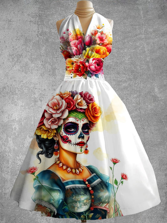 Mujeres Vintage mexicano flores de impresión V cuello elegante vestido Midi