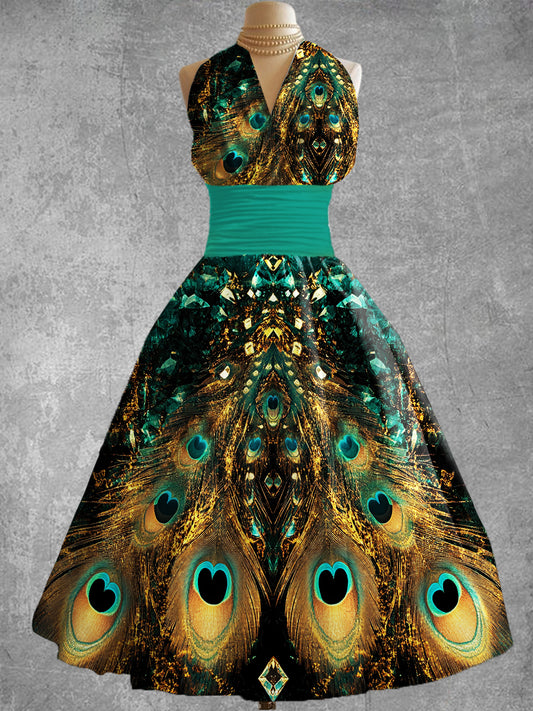 Vintage plumas arte impresión V cuello elegante vestido Midi de las mujeres