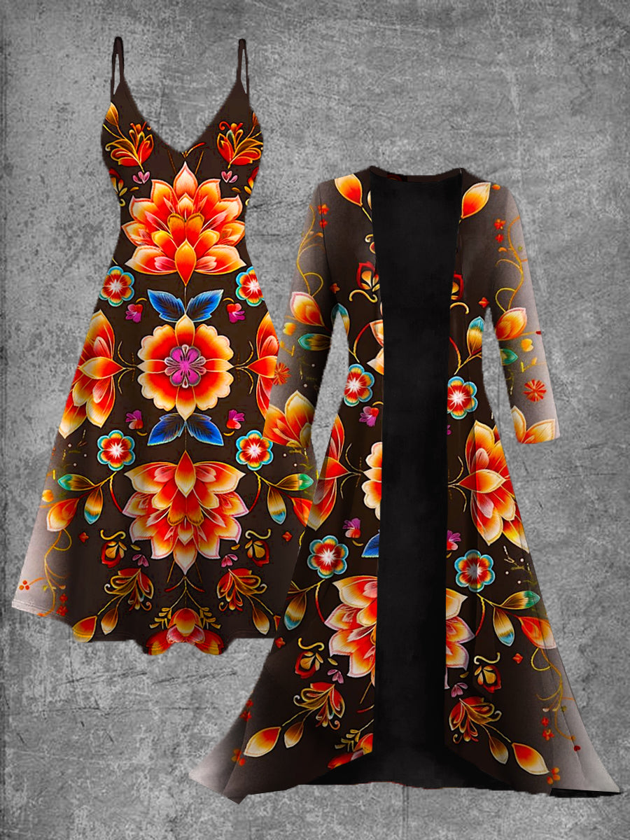 Vestido midi de dos piezas vintage con estampado de arte floral mexicano