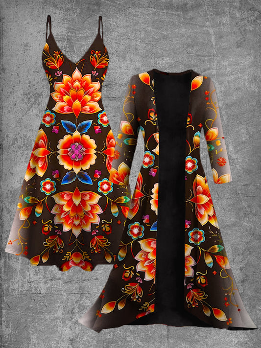Vestido midi de dos piezas vintage con estampado de arte floral mexicano
