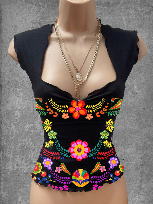 Top casual con cuello en V estampado de arte floral mexicano vintage