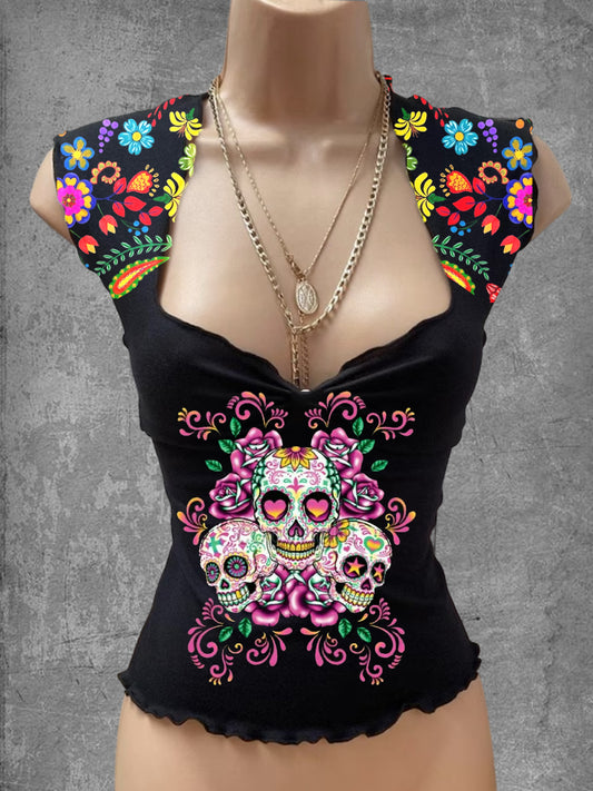 Top casual con cuello en V estampado de arte floral mexicano vintage