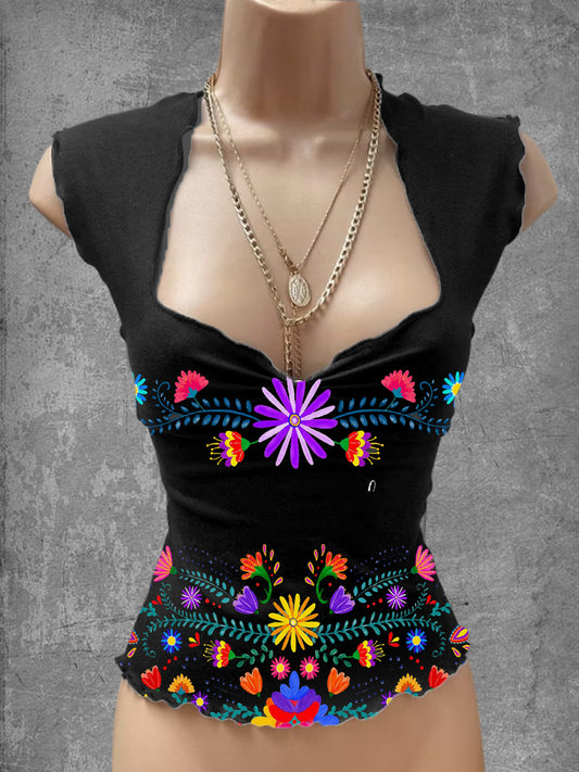 Top casual con cuello en V estampado de arte floral mexicano vintage