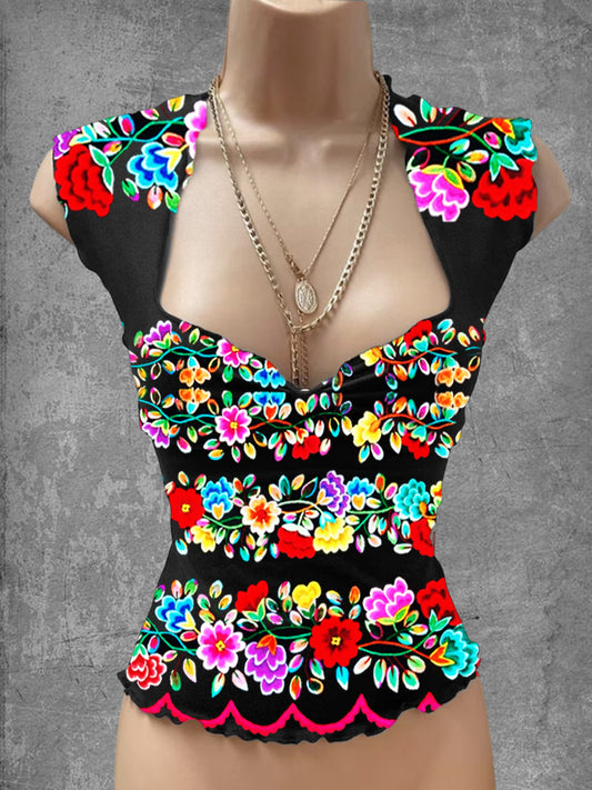 Top casual con cuello en V estampado de arte floral mexicano vintage