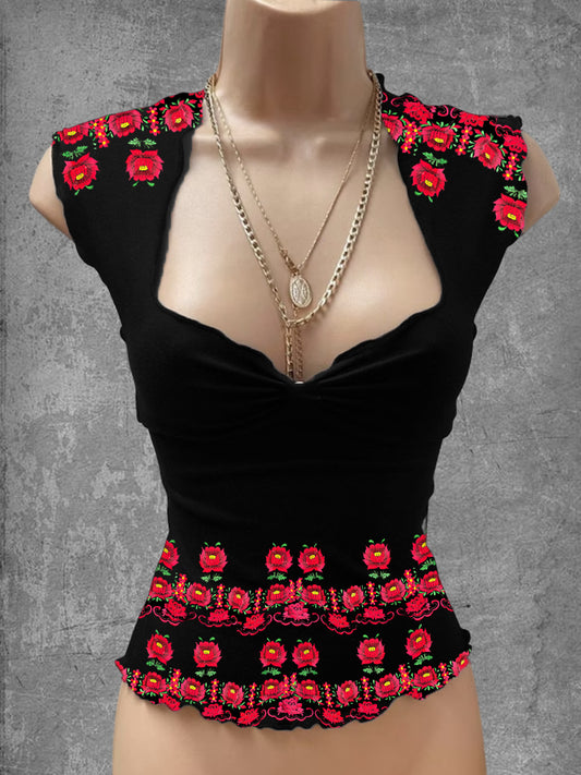 Top casual con cuello en V estampado de arte floral mexicano vintage