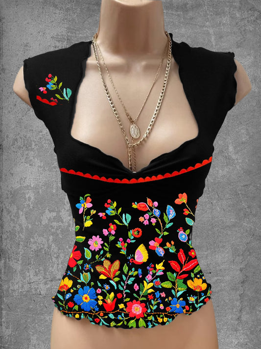 Top casual con cuello en V estampado de arte floral mexicano vintage