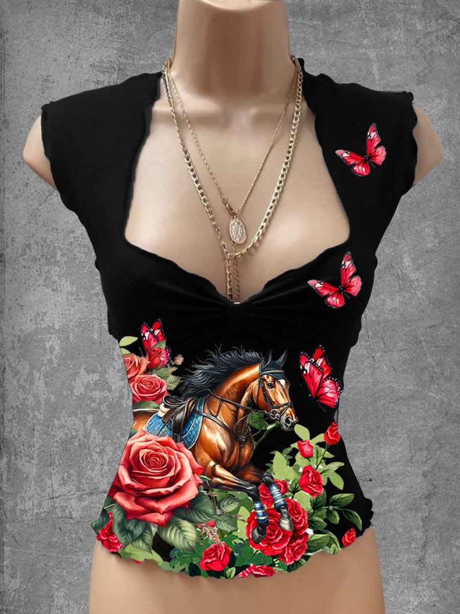 Vintage Derby Art Print V-cuello Casual Top