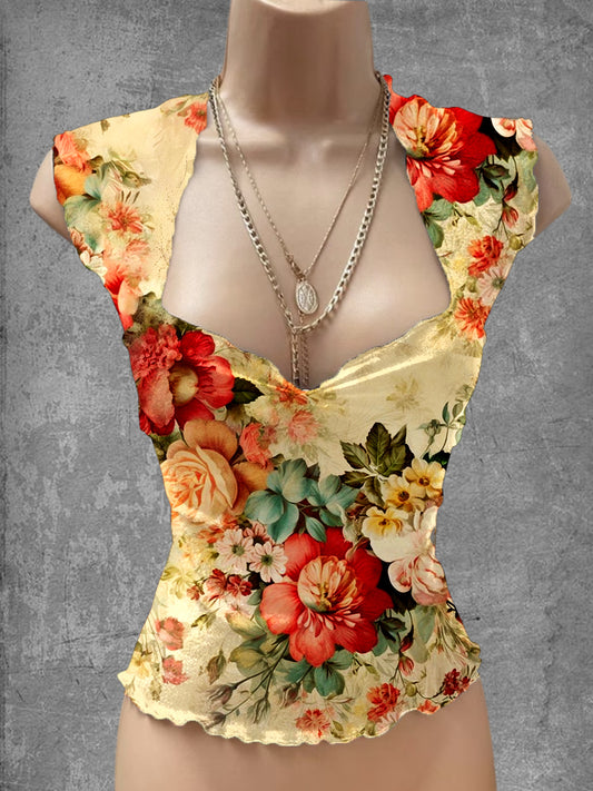 Vintage Floral Art Print V-cuello Casual Top