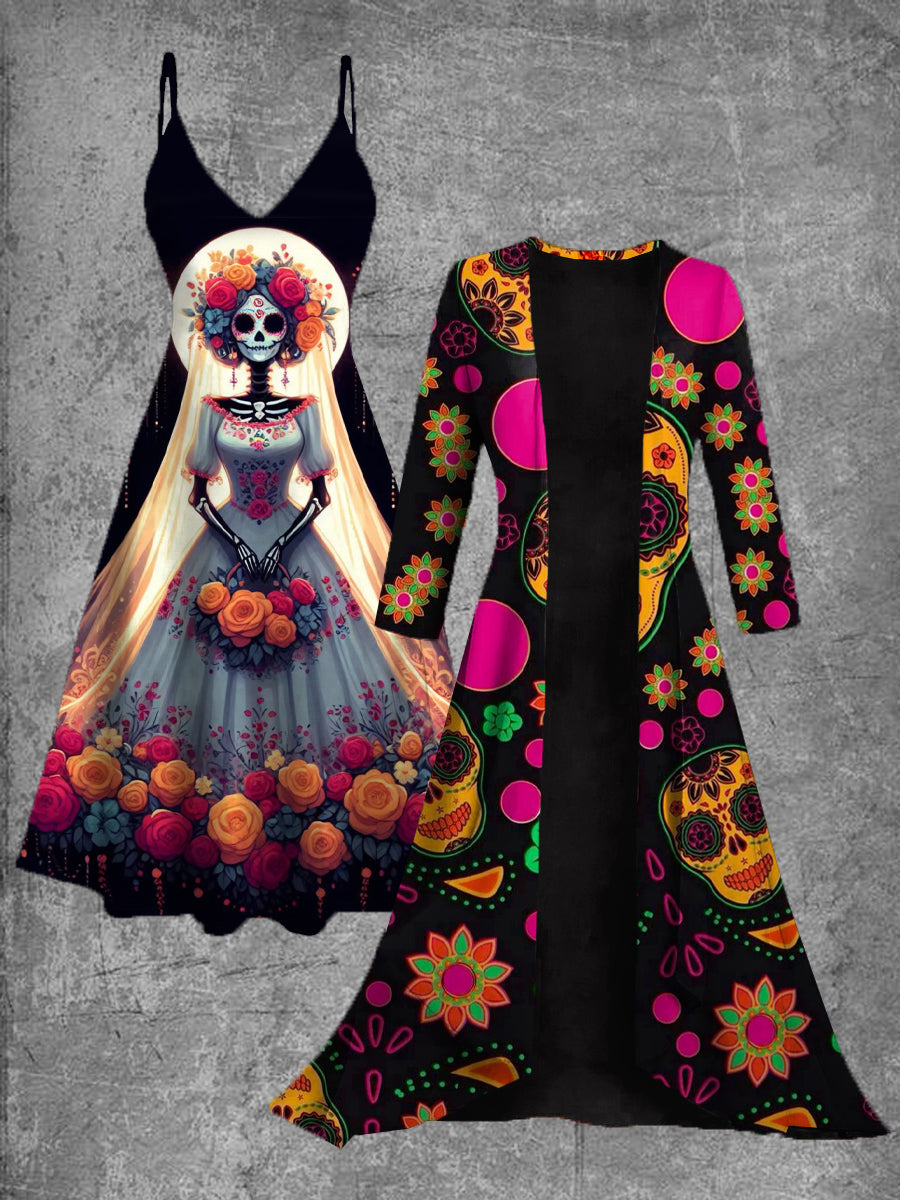 Vestido midi de dos piezas vintage con estampado de arte floral mexicano