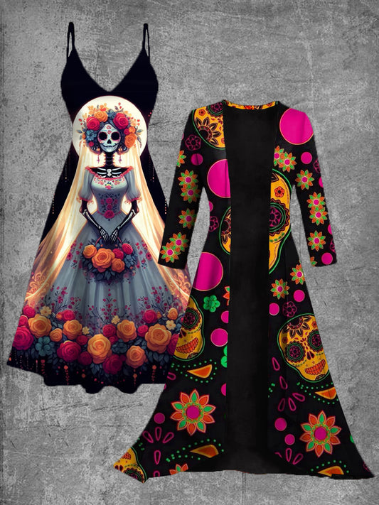 Vestido midi de dos piezas vintage con estampado de arte floral mexicano