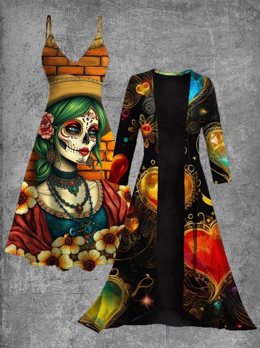 Vestido midi de dos piezas vintage con estampado de arte floral mexicano
