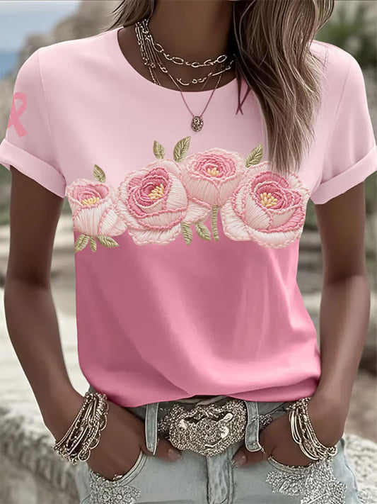Camiseta casual cómoda con estampado rosa retro para mujer