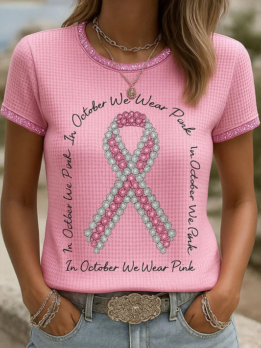 Camiseta casual cómoda con estampado rosa retro para mujer