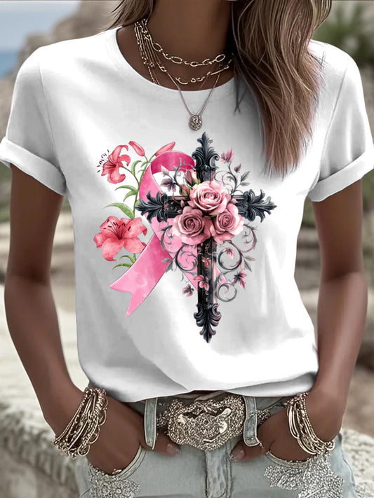 La camiseta blanca europea de moda de las mujeres, diseño de cinta de prevención de cáncer de mama y cruz de rosa brillante, crea un artículo diario de moda