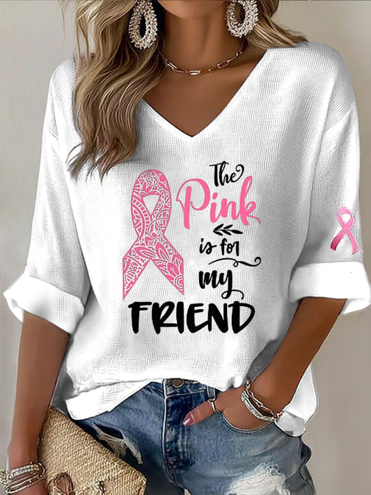 Top con cuello en V y cinta de cáncer de mama vintage para mujer